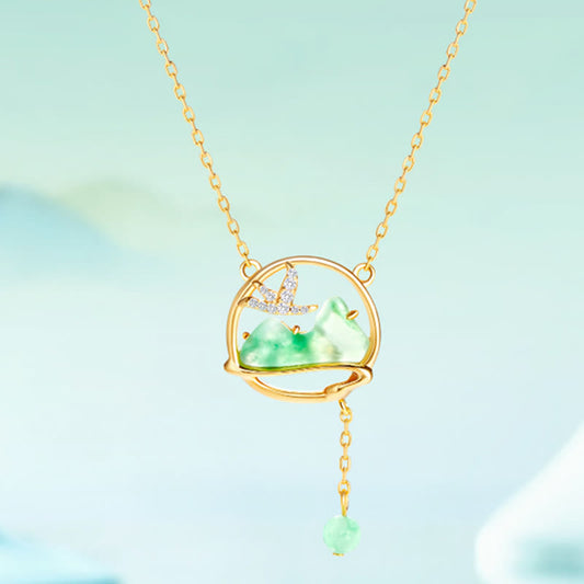 Conjunto de collar y pulsera con colgante de la suerte, piedras de Buda, cobre bañado en oro de 18 quilates, jade natural y calcedonia. Un panorama de ríos y montañas.