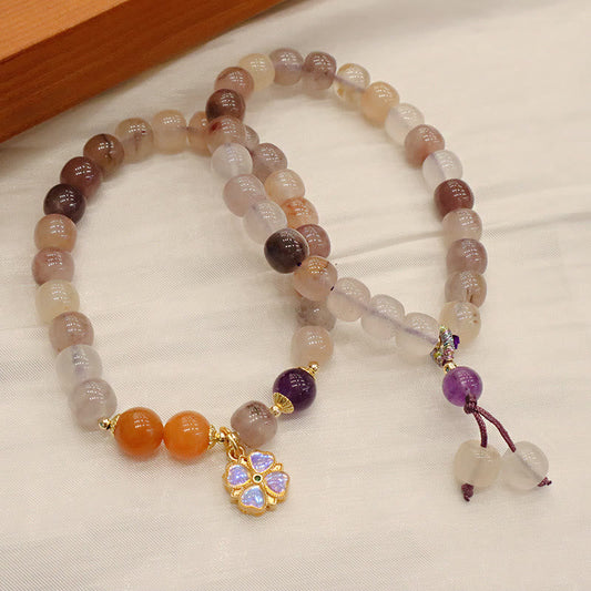 Pulsera de cuentas de Buda con cuentas de jade, seda dorada y morada natural, con flor violeta y dije de riqueza 