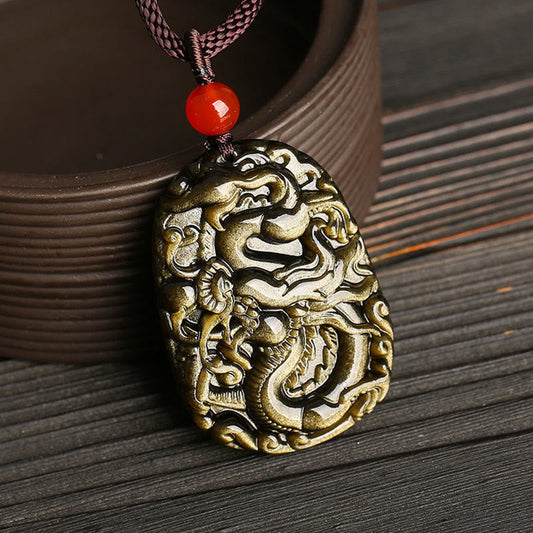 Collar con colgante de éxito con diseño de dragón de obsidiana con brillo dorado y piedras de Buda