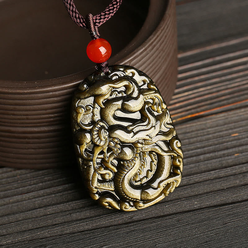 Collar con colgante de éxito con diseño de dragón de obsidiana con brillo dorado y piedras de Buda 
