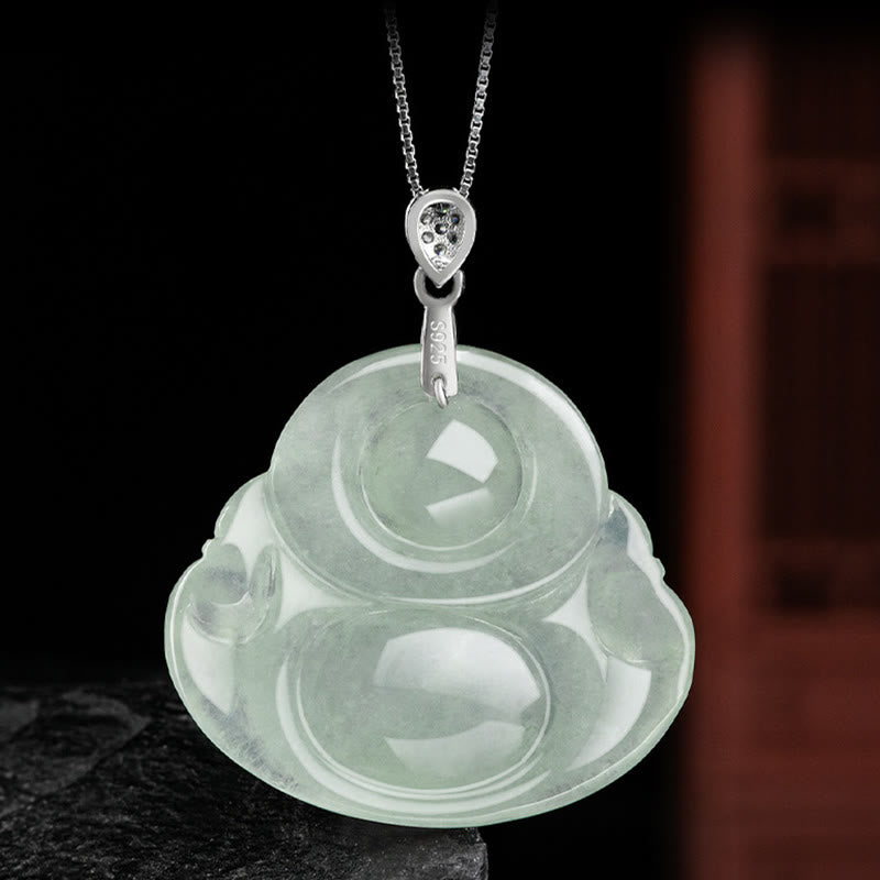 Collar con colgante de Buda sonriente de jade natural en plata de ley 925 con piedras de Buda, cadena de prosperidad y abundancia.
