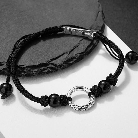 Pulsera de protección con hebilla de paz de ónix negro y piedras de Buda en plata de ley 925
