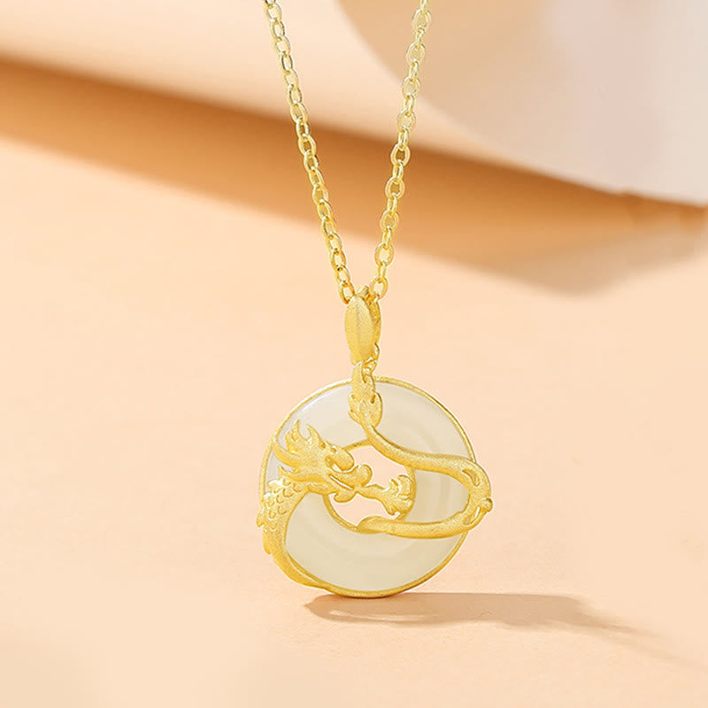Buddha Stones 925 Sterling Silver Year of the Dragon Hetian Jade Golden Dragon Phoenix Peace Buckle Luck Necklace Pendant
