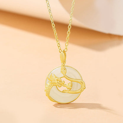 Buddha Stones 925 Sterling Silver Year of the Dragon Hetian Jade Golden Dragon Phoenix Peace Buckle Luck Necklace Pendant