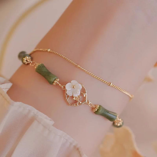 Pulsera de doble capa con piedras de Buda, cobre chapado en oro de 14 k, peridoto, flor de bambú y riqueza 