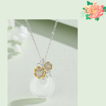Collar con colgante de flor de armonía de doce meses de calcedonia redonda de plata de ley 925 con piedras de Buda 