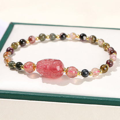Pulsera curativa PiXiu de piedras de Buda, piedra lunar, cuarzo fresa y turmalina 