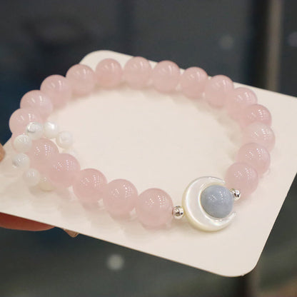 Pulsera de plata de ley 925 con amatista natural, aguamarina y cristal rosa, ojo de gato y luna creciente curativa. 