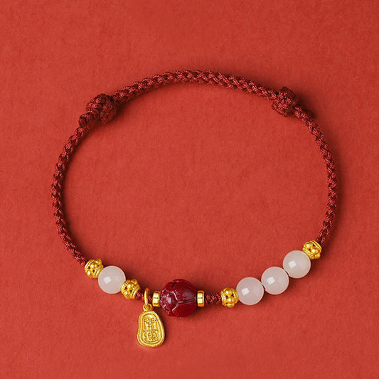 Pulsera de cuerda de la suerte con piedras de Buda, jade blanco hetiano, cinabrio y loto, chapada en oro de 24 quilates 