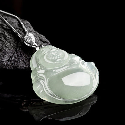 Collar con colgante de Buda sonriente de jade natural en plata de ley 925 con piedras de Buda, cadena de prosperidad y abundancia.