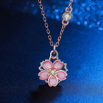 Collar con colgante de flor de cerezo en plata de ley 925 con piedras de Buda y protección giratoria 