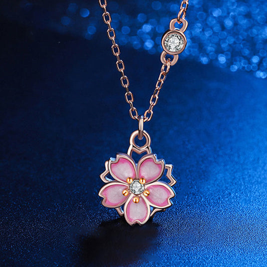 Collar con colgante de flor de cerezo en plata de ley 925 con piedras de Buda y protección giratoria 