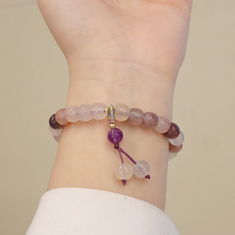 Pulsera de cuentas de Buda con cuentas de jade, seda dorada y morada natural, con flor violeta y dije de riqueza 