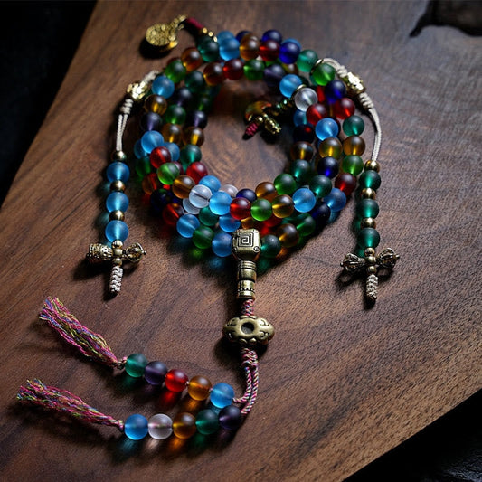 Pulsera tibetana con 108 cuentas de mala de Buda, cuentas de vidrio Liuli multicolores, zodíaco chino, nueve palacios, ocho diagramas