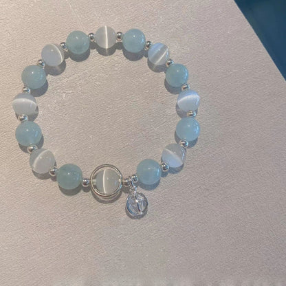 Pulsera con dije de ojo de gato y aguamarina de plata de ley 925 con piedras de Buda