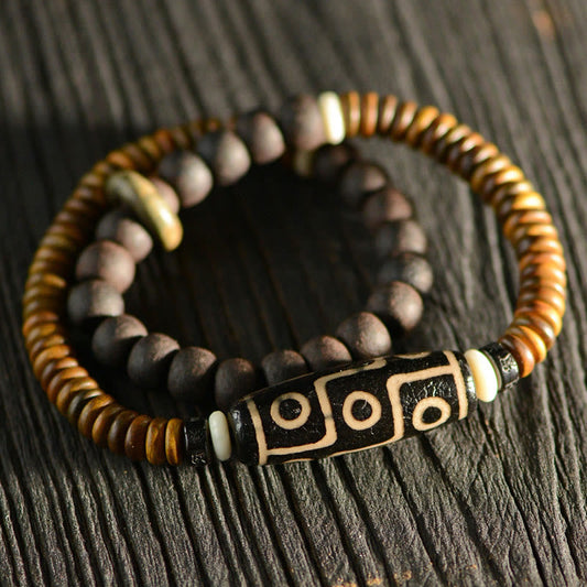 Buddha Stones Tibetische Neun-Augen-Dzi-Perle Grünes Sandelholz Ebenholz Peace Doppelwickelarmband