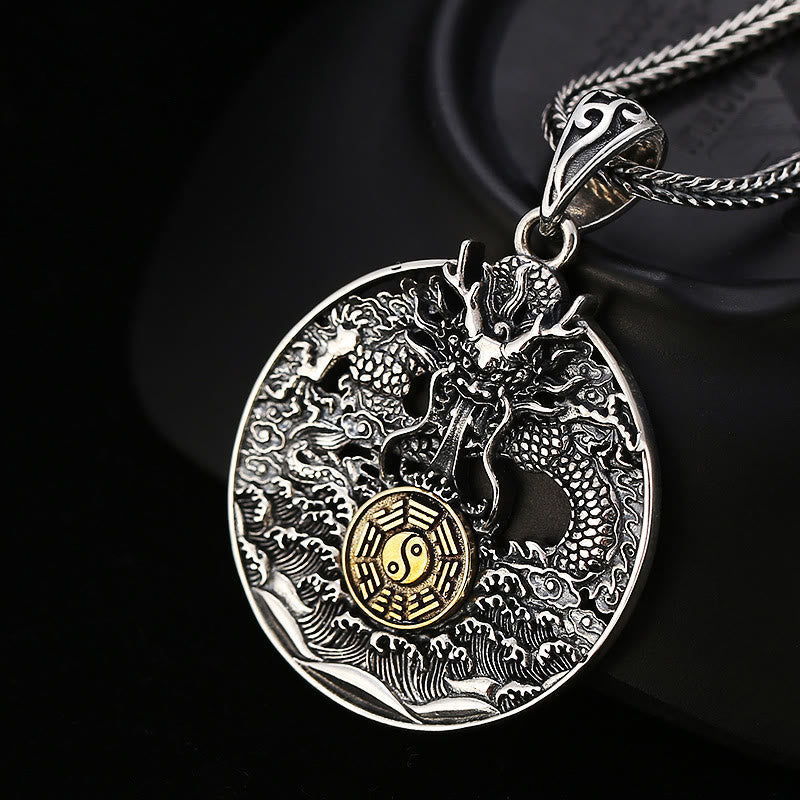 Collar con colgante de piedra de Buda, ondas de dragón, Yin Yang, Bagua, suerte y fuerza 