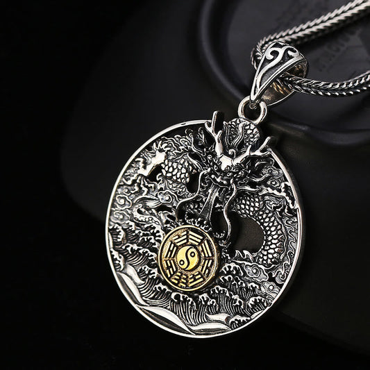 Collar con colgante de piedra de Buda, ondas de dragón, Yin Yang, Bagua, suerte y fuerza 