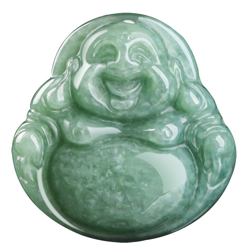 Collar con colgante de hilo de jade cian y piedras de Buda sonriente