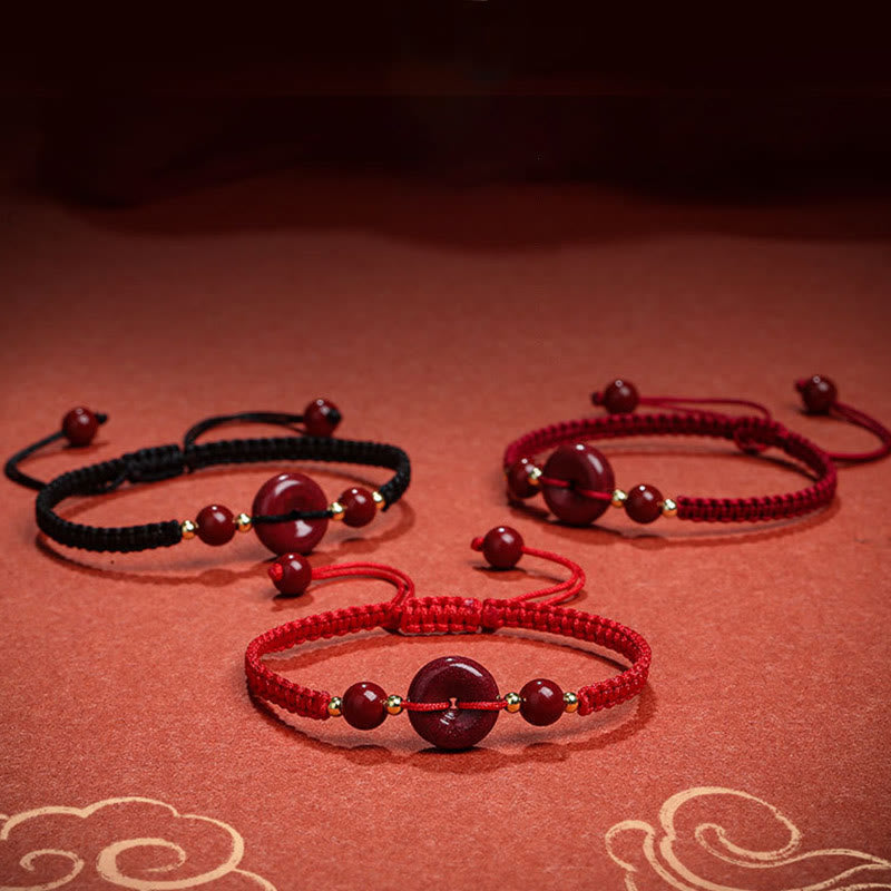 Buddha Stones Natürliches Zinnober-Armband mit Friedensschnalle und Segensschnur 