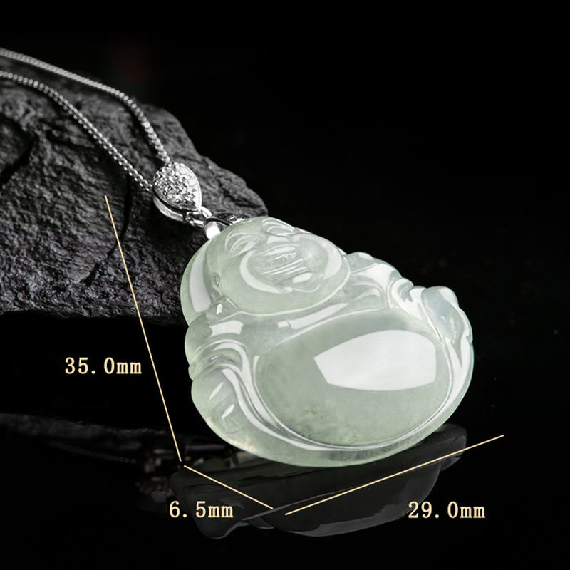 Collar con colgante de Buda sonriente de jade natural en plata de ley 925 con piedras de Buda, cadena de prosperidad y abundancia.
