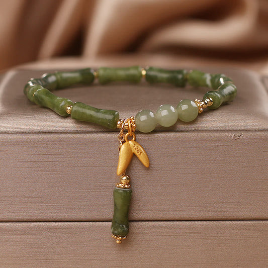 Buddha Stones Armband mit grünem Bambus-Jadeblatt-Muster, Reichtum und Glück
