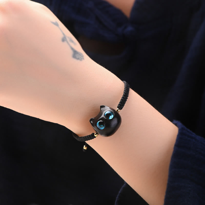 Buddha-Steine, kleines Blatt, rotes Sandelholz, Ebenholz, süßer Katzenkopf, ruhiger Schutz, geflochtenes Armband 