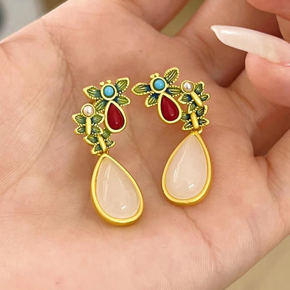 Buddha Stones Water Drop White Jade Red Agate Butterfly Protection Drop Dangle Earrings