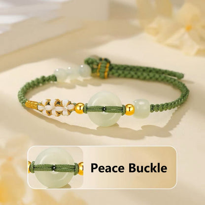Pulsera trenzada con piedras de Buda, jade hetiano, hebilla de la paz, flor de durazno y suerte