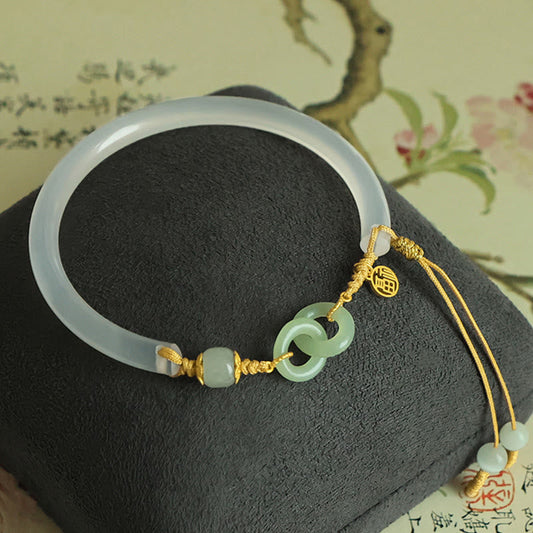 Pulsera de plata de ley 925 con piedras de Buda, ágata blanca natural, jade hetiano, doble hebilla de paz y carácter Fu