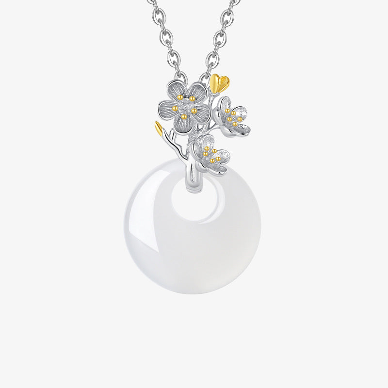 Collar con colgante de flor de armonía de doce meses de calcedonia redonda de plata de ley 925 con piedras de Buda 