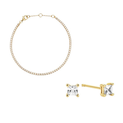 Goldenes Tennisarmband und Ohrstecker im Princess-Diamant-Stil