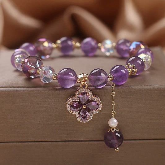 Buddha Stones Armband mit natürlichem Amethyst-Kristall, vierblättriges Kleeblatt, spirituelle Heilung 