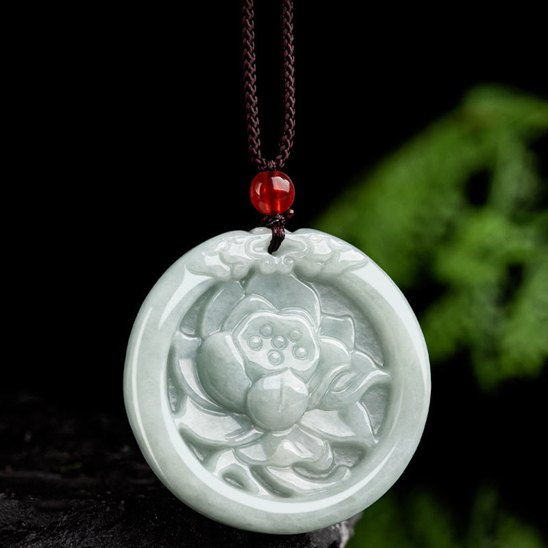 Colgante de prosperidad con flor de loto de jade natural tallada con piedras de Buda