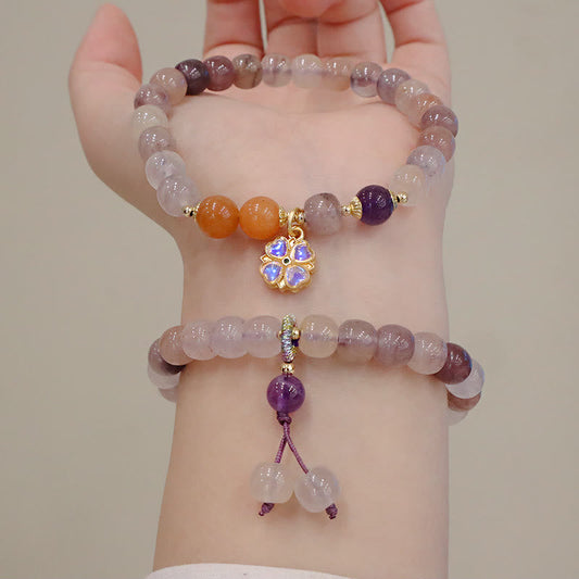 Pulsera de cuentas de Buda con cuentas de jade, seda dorada y morada natural, con flor violeta y dije de riqueza 