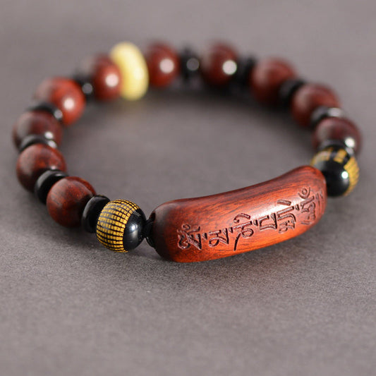 Pulsera de protección con piedras de Buda, hoja pequeña de sándalo rojo y grabado Om Mani Padme Hum