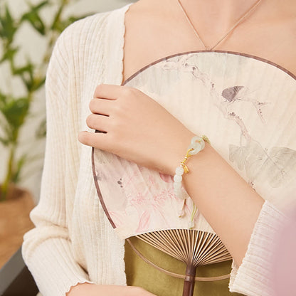 Pulsera trenzada con cuentas de jade hetiano natural de Buda y doble hebilla de paz con carácter Fu 