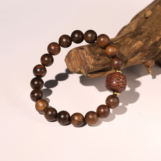 Pulsera cálida con diseño de bambú, tótem de nubes auspiciosas y piedras de Buda de palisandro
