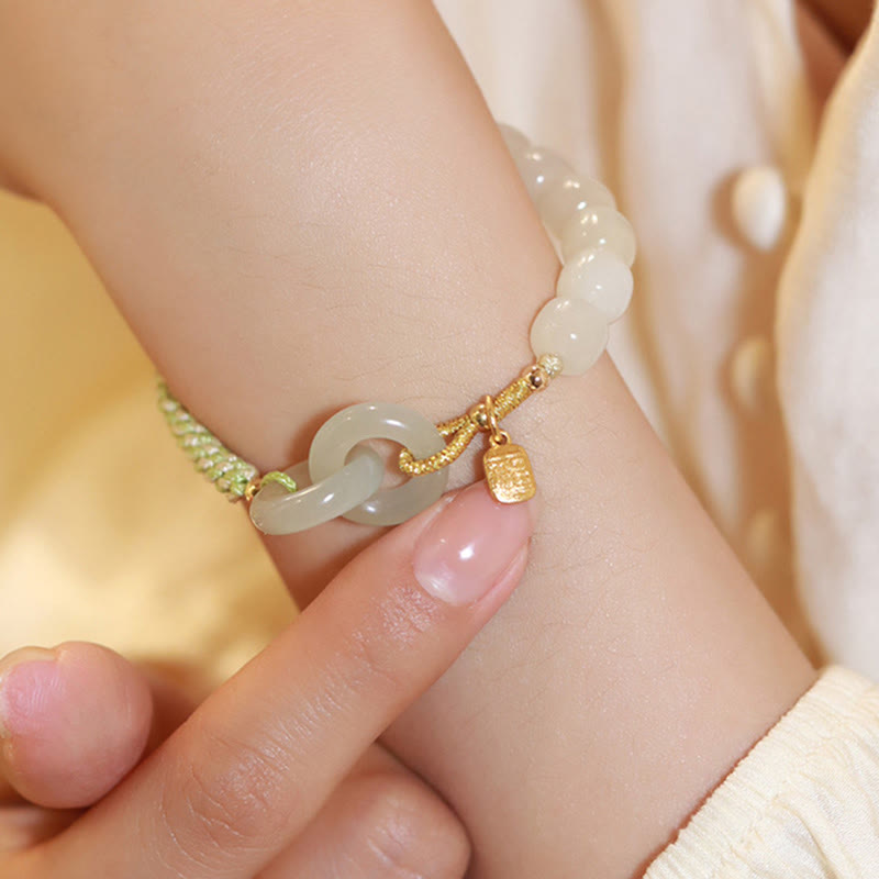 Pulsera trenzada con cuentas de jade hetiano natural de Buda y doble hebilla de paz con carácter Fu 