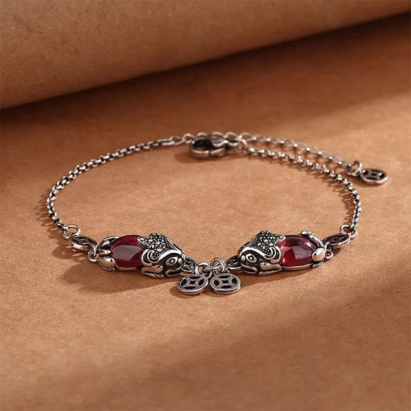 Pulsera de cadena protectora con moneda de cobre y doble PiXiu de granate y piedras de Buda 