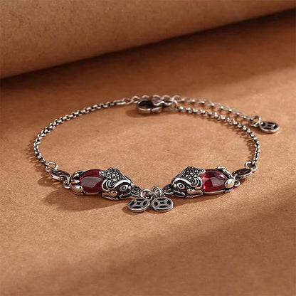 Pulsera de cadena protectora con moneda de cobre y doble PiXiu de granate y piedras de Buda 