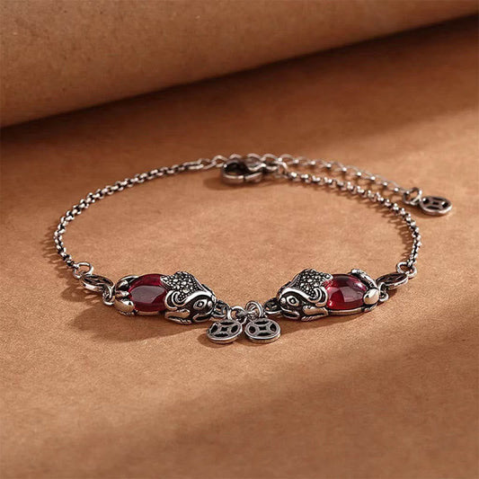 Buddha Stones Granat Doppel PiXiu Kupfer Münze Schutzkette Armband 