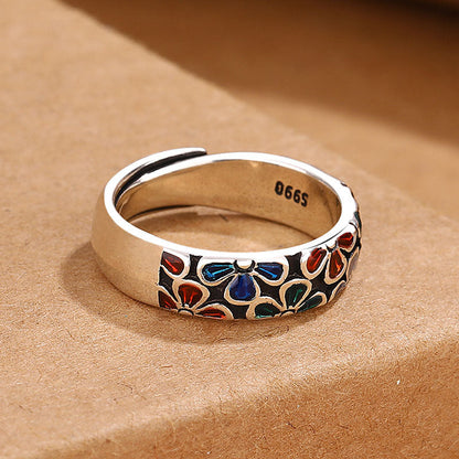 Buddha Stones Colorful Plum Blossoms Design Healing Copper Adjustable Ring