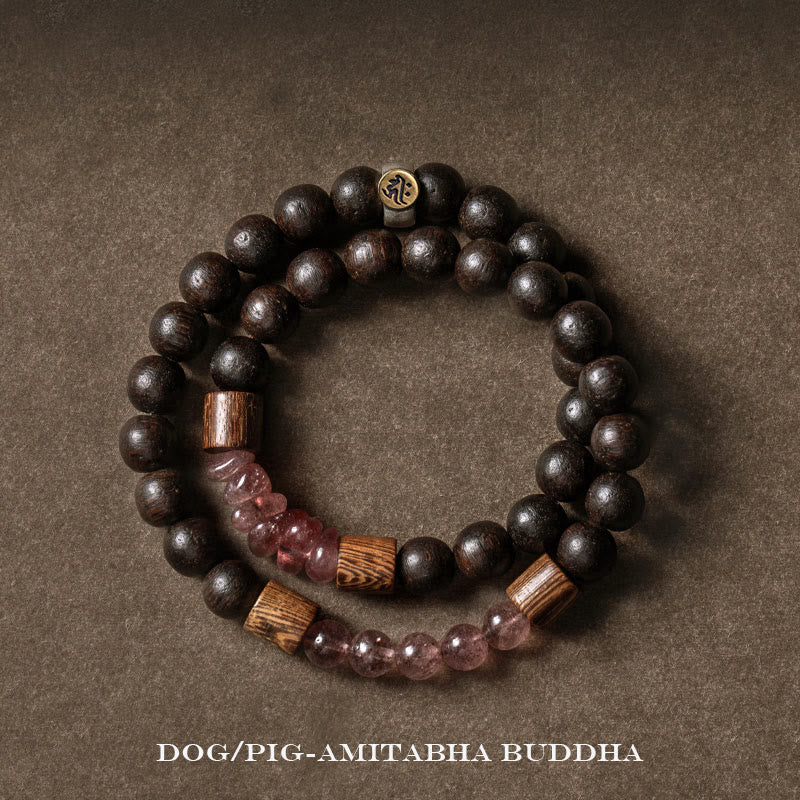 Pulsera de doble vuelta con piedras de Buda en plata de ley 925, con el zodíaco chino, Buda natal, madera de agar y cuarzo fresa.