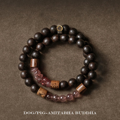 Pulsera de doble vuelta con piedras de Buda en plata de ley 925, con el zodíaco chino, Buda natal, madera de agar y cuarzo fresa.