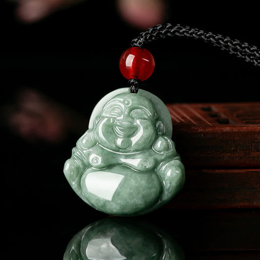 Buddha Stones Halskette mit Anhänger aus natürlicher grüner Jade mit lachendem Buddha und Glücksbringer