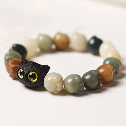 Pulsera de la suerte con semillas de bodhi naturales de Buda, pata encantadora, madera de ébano, gato de la sabiduría 