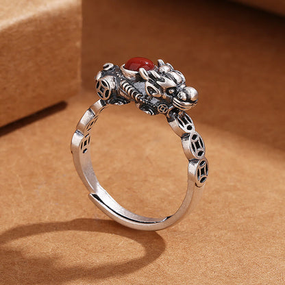 Buddha Stones PiXiu Copper Coin Red Agate Wealth Luck Ring