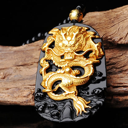 Collar con colgante de obsidiana de dragón bañado en oro de 18 quilates con piedras de Buda 