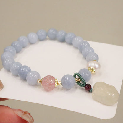 Buddha Stones Natürlicher Aquamarin Chalcedon Serenity Kaninchen Kürbis Katze Charm Armband 